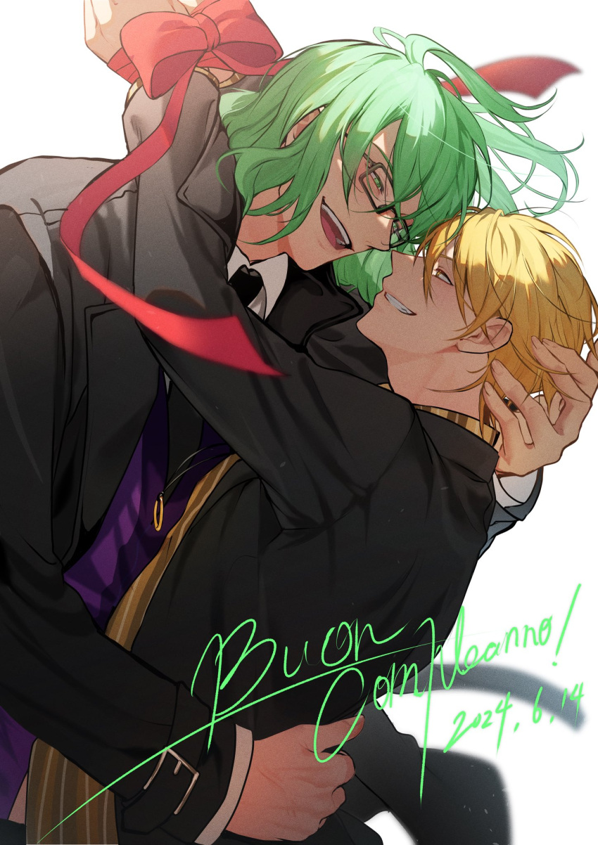 2boys, black-framed_eyewear, black_coat, black_necktie, blonde_hair, blurry, bow, character_request, coat, collared_shirt, depth_of_field, eye_contact, formal, glasses, green_eyes, green_hair, grin, hand_on_another's_head, hand_on_another's_waist, highres, italian_text, looking_at_another, lucky_dog_1, male_focus, miyamoyan, multiple_boys, necktie, open_clothes, open_coat, open_mouth, red_bow, shirt, simple_background, smile, suit, teeth, upper_body, white_background, white_shirt, yellow_eyes