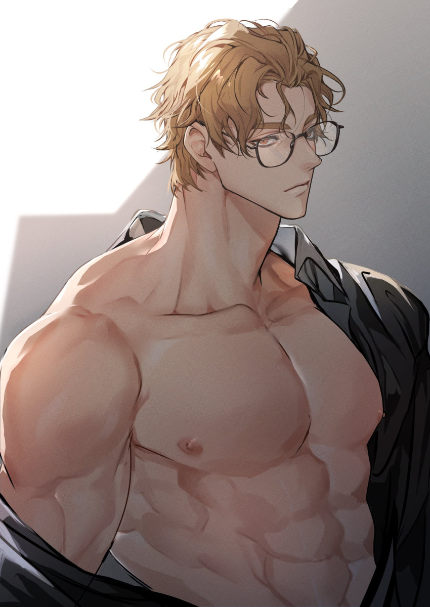 1boy, abs, bare_pectorals, black-framed_eyewear, black_shirt, blonde_hair, closed_mouth, expressionless, glasses, highres, large_pectorals, male_focus, miyamoyan, muscular, muscular_male, nipples, nu_carnival, open_clothes, open_shirt, pectorals, quincy_(nu_carnival), shirt, short_hair, single_bare_shoulder, solo, upper_body, yellow_eyes