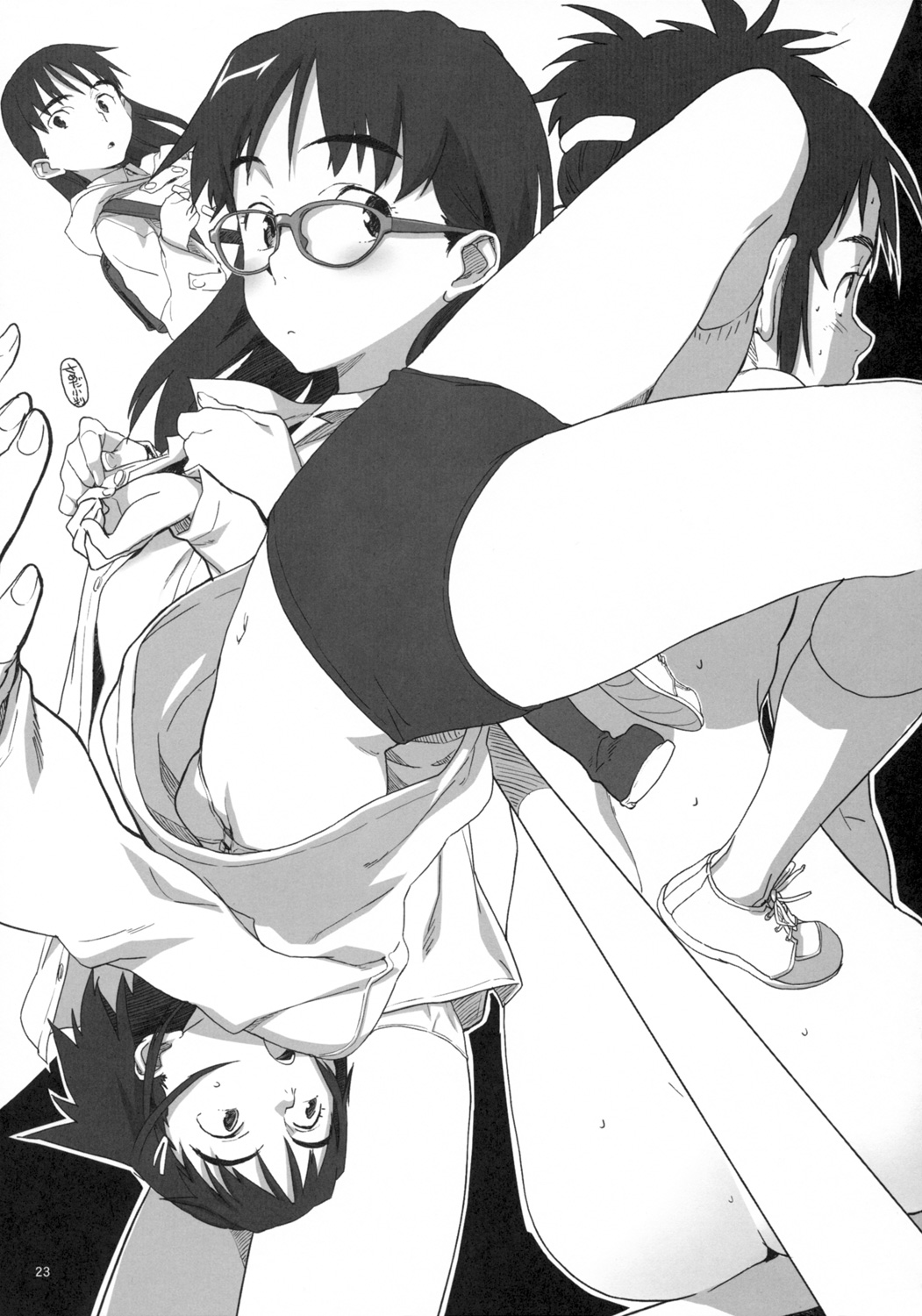arched_back, black_hair, bra, buruma, flcl, glasses, gym_uniform, high_jump