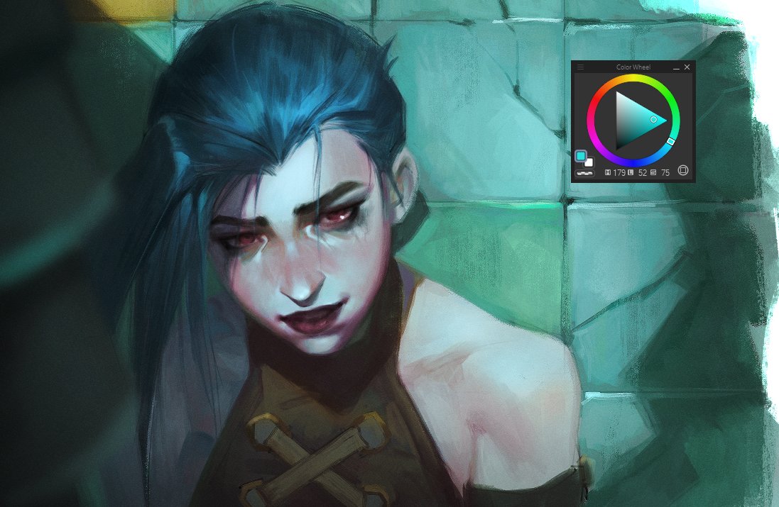 1girl, against_wall, arcane:_league_of_legends, arcane_jinx, art_program_in_frame, blue_hair, crack, cracked_wall, halterneck, jinx_(league_of_legends), katlovesstar, league_of_legends, looking_down, loose_hair_strand, open_mouth, painterly, red_eyes, red_lips, runny_makeup, shirt, sleeveless, sleeveless_shirt, solo, straight_hair, tile_wall, tiles, upper_body