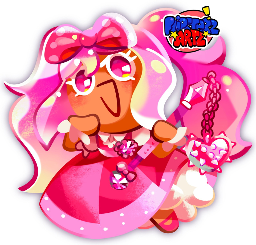 1girl, :d, bow, commentary, cookie_run, cookie_run:_kingdom, dark-skinned_female, dark_skin