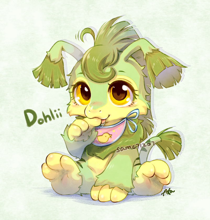 animal_focus, baby_neopet, bib, character_name, commentary_request, finger_in_own_mouth, full_body, giraffe