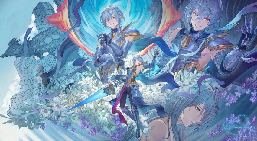 1boy, absurdres, armor, chest_armor, city, flower, gauntlets, granblue_fantasy