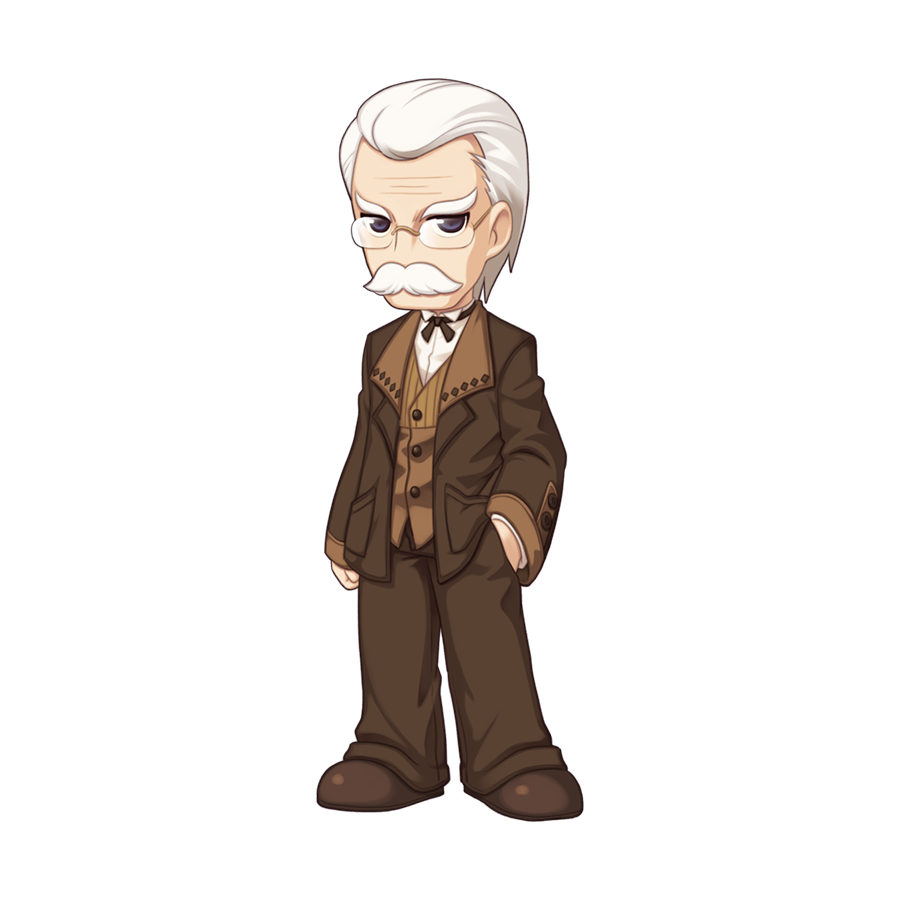 1boy, black_bow, black_bowtie, black_eyes, bow, bowtie, brown_footwear, brown_jacket, brown_pants, brown_vest, chibi, chibi_only, facial_hair, full_body, glasses, hair_slicked_back, hand_in_pocket, jacket, kiel_hyre, long_sleeves, looking_at_viewer, male_focus, mustache, official_art, old, old_man, pants, ragnarok_online, rimless_eyewear, shirt, shoes, short_hair, simple_background, solo, suit, transparent_background, vest, white_hair, white_shirt, wrinkled_skin, yuichirou
