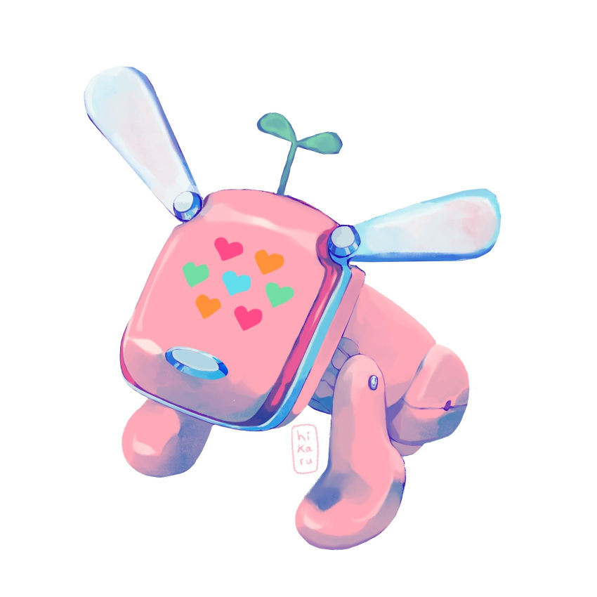 animal_focus, commentary, english_commentary, full_body, heart, highres, hikadoodoo, idog, idog_(brand), no_humans, non-humanoid_robot, object_focus, painterly, procreate_(medium), robot, robot_animal, robot_dog, signature, simple_background, solo, sprout, standing, still_life, toy, white_background