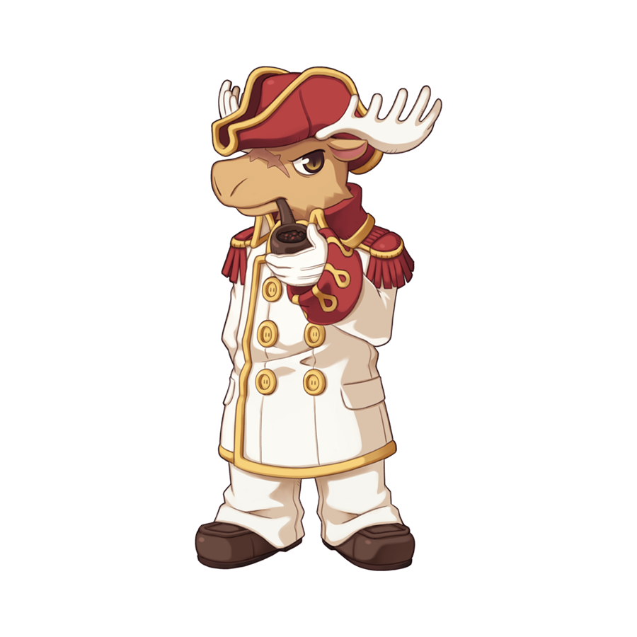 1boy, antlers, bicorne, brown_eyes, brown_footwear, buttons, captain_carocc, chibi, chibi_only, closed_mouth, coat, double-breasted, epaulettes, full_body, furry, furry_male, gloves, gold_trim, hat, holding, holding_smoking_pipe, horns, loafers, long_sleeves, looking_at_viewer, male_focus, military_uniform, moose_boy, official_art, pants, ragnarok_online, red_hat, scar, scar_on_face, scar_on_nose, shoes, simple_background, smoking, smoking_pipe, solo, transparent_background, uniform, white_coat, white_gloves, white_horns, white_pants, yuichirou