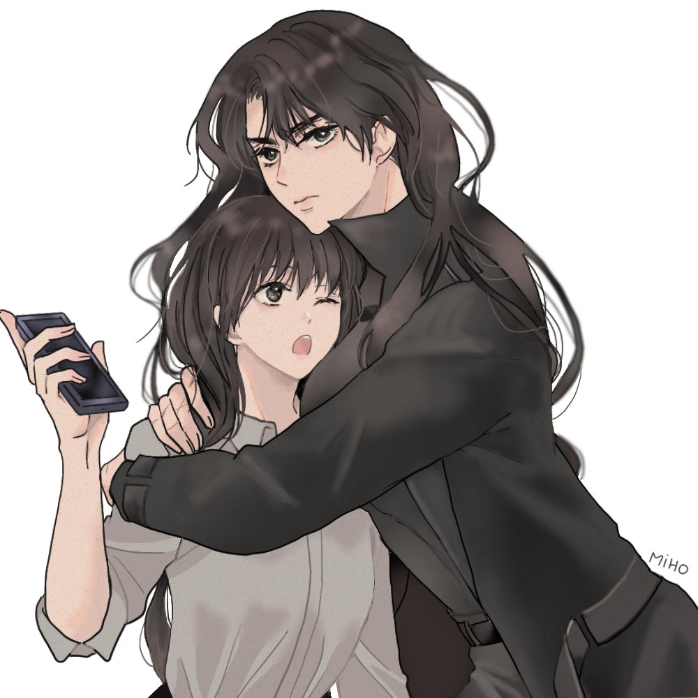 2girls, artist_name, black_coat, black_eyes, black_hair, cellphone, closed_mouth, coat