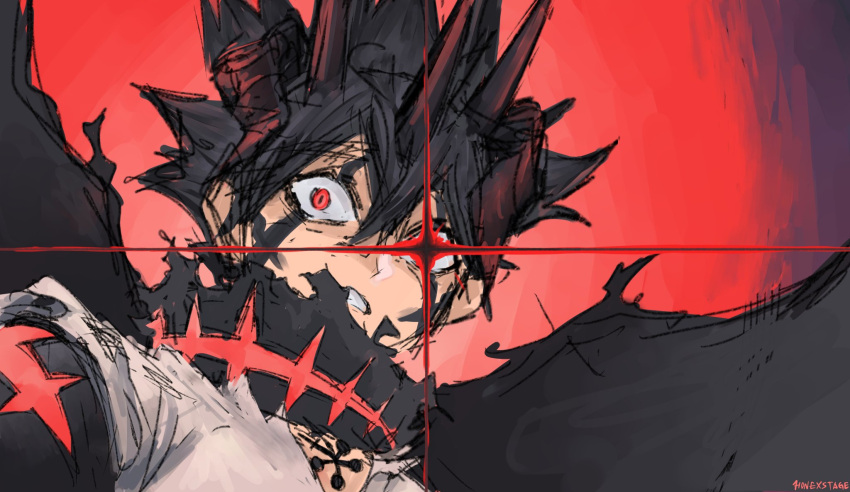 1boy, asta_(black_clover), black_clover, black_hair, black_horns, black_scarf, black_wings, demon_horns