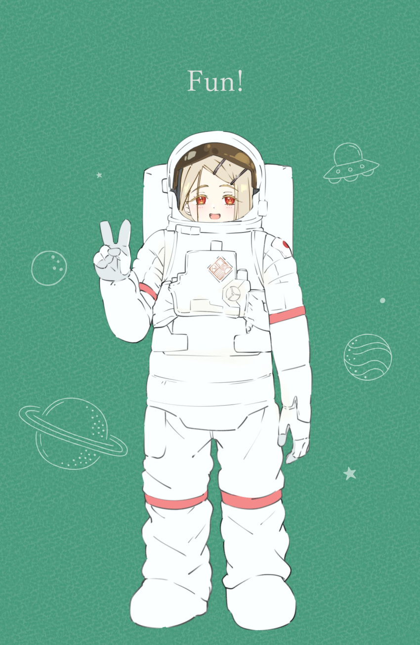 1girl, :d, absurdres, arm_at_side, blonde_hair, blush, colored_eyelashes, commentary, english_text, eyelashes, eyes_visible_through_hair, flying_saucer, full_body, gakuen_idolmaster, green_background, hair_ornament, hairclip, hand_up, helmet, highres, idolmaster, japanese_flag, kaoru_(rg_kaoru), long_bangs, looking_at_viewer, open_mouth, parted_bangs, patch, planet, red_eyes, shinosawa_hiro, smile, solo, space_helmet, spacecraft, spacesuit, standing, star_(symbol), straight-on, symbol-only_commentary, ufo, v