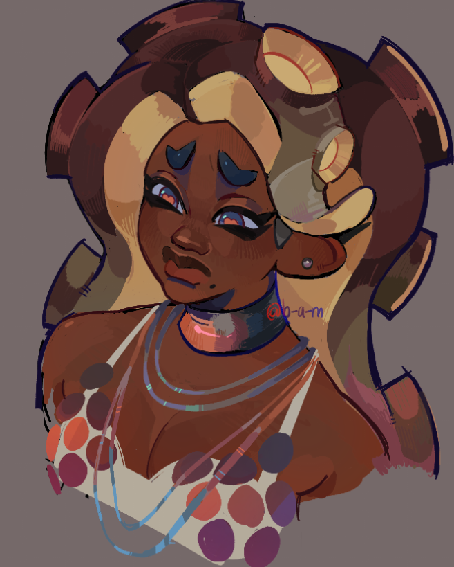 1girl, b-a-m, cephalopod_eyes, choker, closed_mouth, dark-skinned_female, dark_skin, ear_piercing, long_hair, marina_(splatoon), piercing, solo, splatoon_(series), tentacle_hair