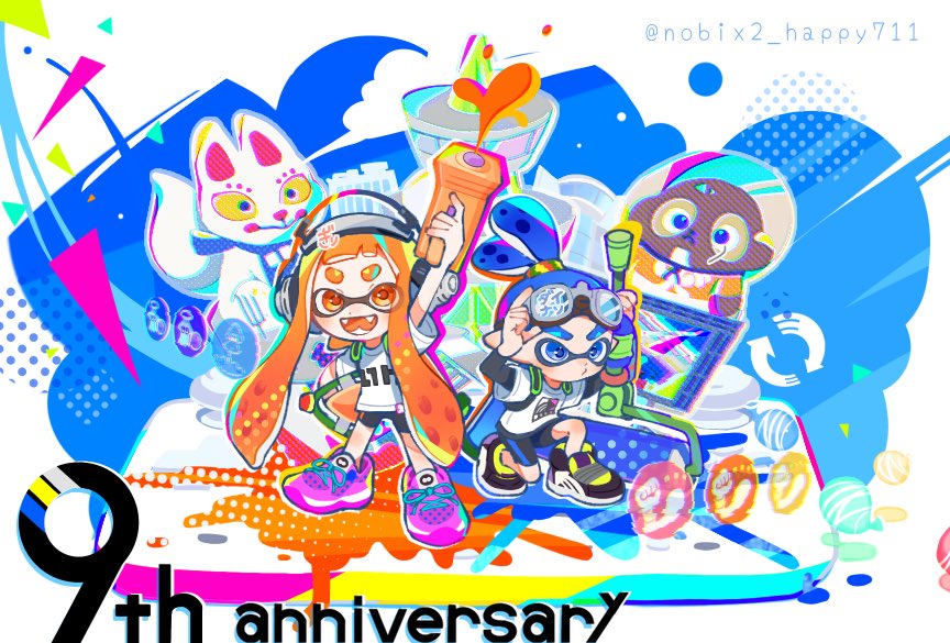1boy, 1girl, anniversary, arm_up, artist_name, bike_shorts, black_shorts, blue_eyes