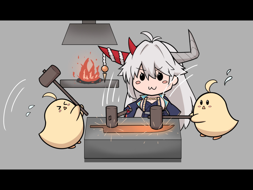 >_<, 1girl, :3, anvil, asama_deng_qie, asymmetrical_horns, azur_lane, blacksmith, commentary_request, fire, forge, furnace, glowing_hot, grey_horns, hair_on_horn, hakuryuu_(azur_lane), hammer, highres, holding, holding_hammer, horns, long_hair, long_sleeves, mallet, manjuu_(azur_lane), red_horns, simple_background, smithing, solo, sweat, white_hair
