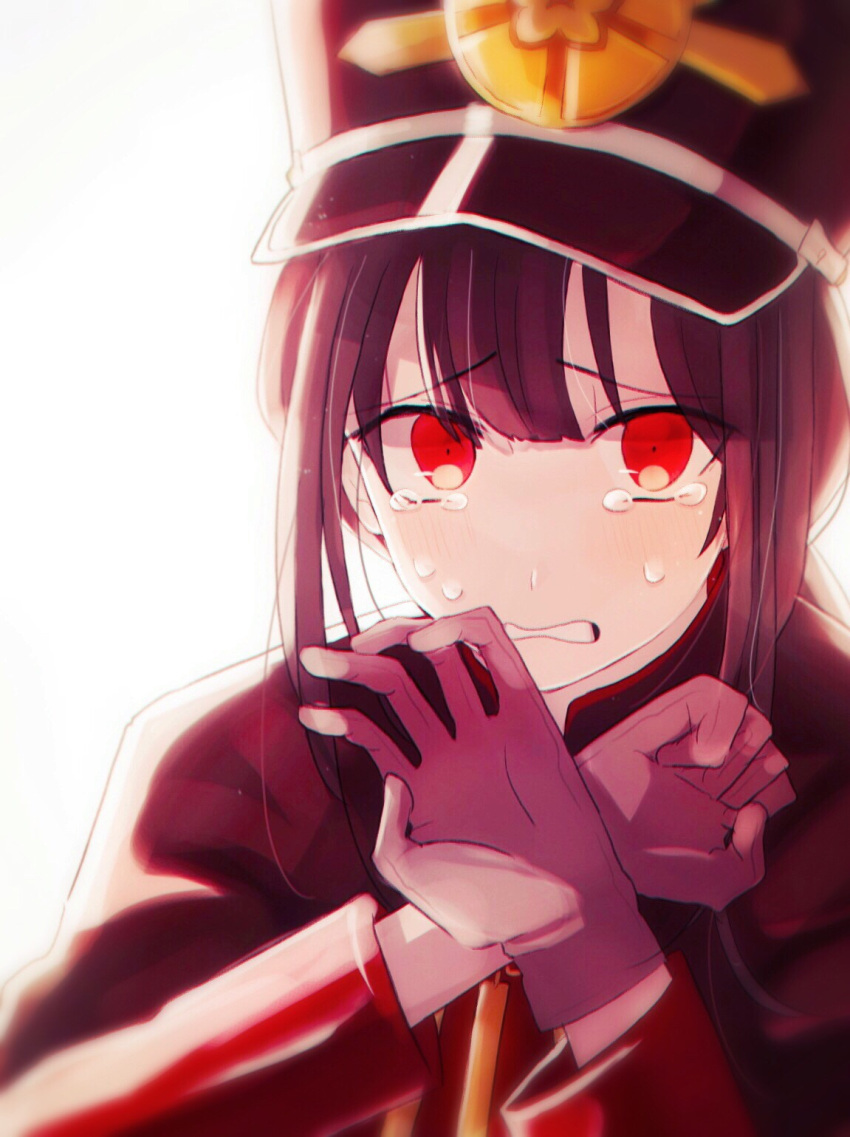 1boy, backlighting, black_cape, black_hat, blunt_bangs, blurry, brown_hair, cape, clenched_teeth, covering_own_mouth, crest, crying, curled_fingers, depth_of_field, family_crest, fate/grand_order, fate_(series), gloves, grey_gloves, hair_between_eyes, hands_up, hat, highres, jacket, kepi, light_blush, low_ponytail, male_focus, military_hat, oda_nobukatsu_(fate), oda_uri, open_mouth, raised_eyebrows, red_eyes, red_jacket, scared, sidelocks, simple_background, solo, stbntotoi, tearing_up, tears, teeth, upper_body, white_background