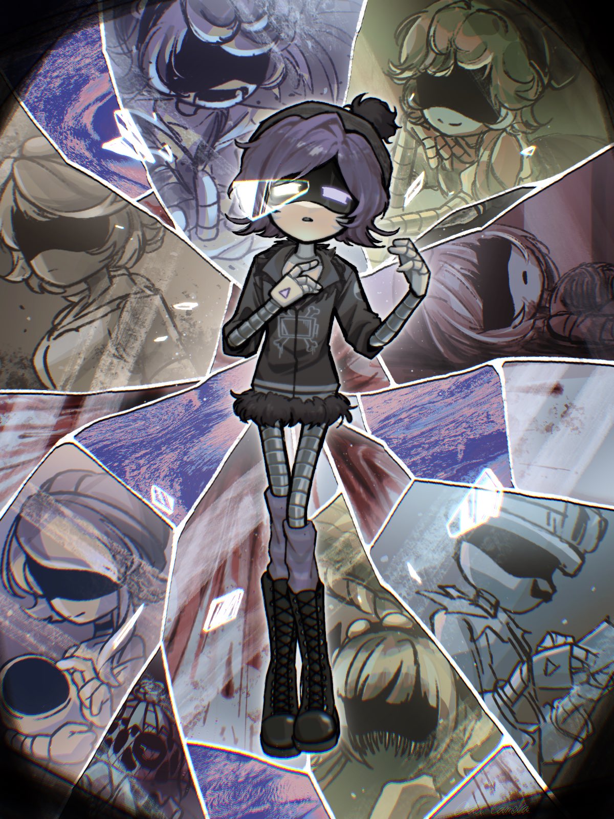 aida_(aidacamelia0516), beanie, black_footwear, black_jacket, boots, broken_glass, cyn_(murder_drones), doll_(murder_drones)