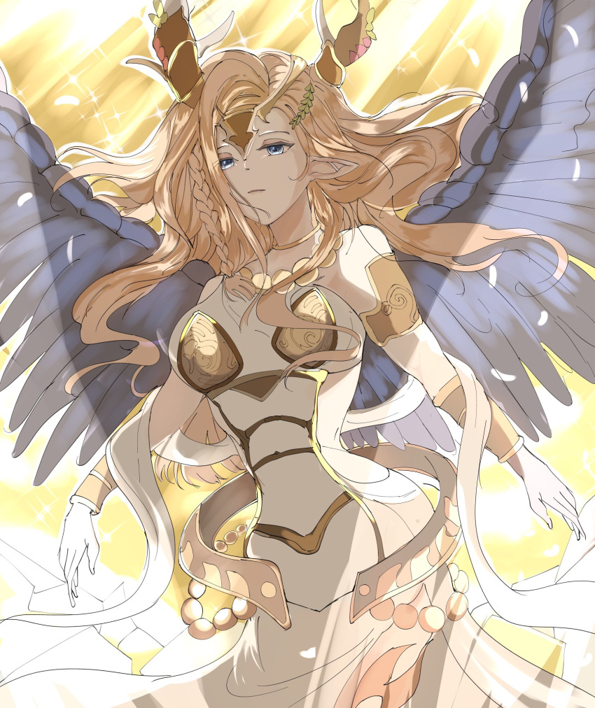 1girl, blonde_hair, blue_eyes, dragon_girl, dragon_horns, dress, duel_monster, feathered_wings, highres, horns, pointy_ears, saffira_dragon_queen_of_the_voiceless_voice, sleeveless, sleeveless_dress, uragawai, wavy_hair, white_dress, wings, yu-gi-oh!