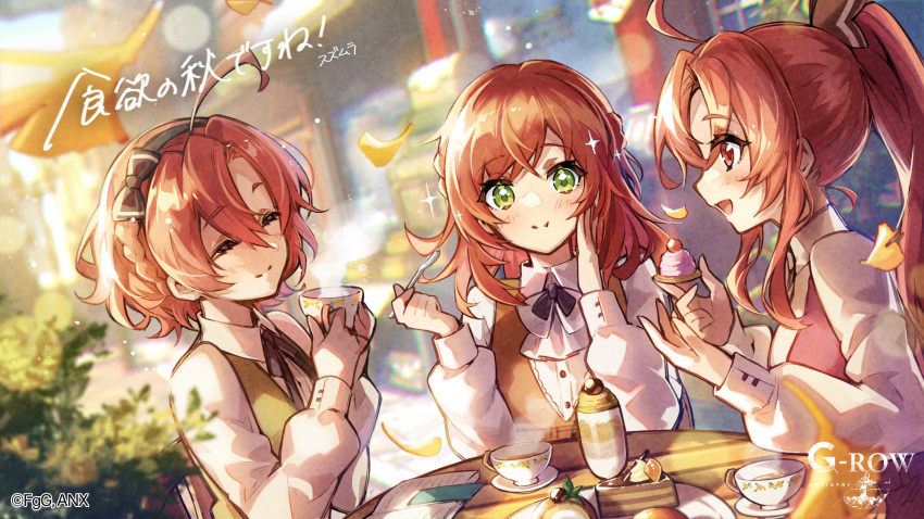 3girls, ahoge, artist_name, aster_tatariqus, blouse, blurry, blurry_background, blush