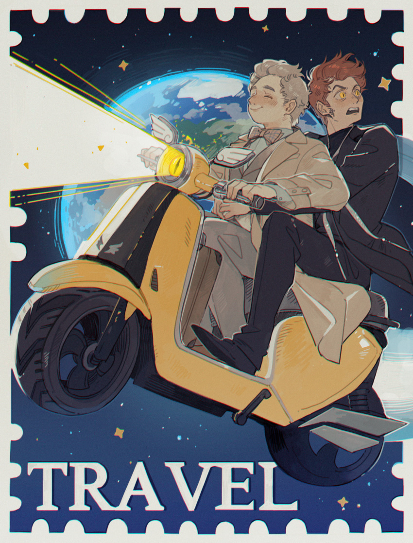 2boys, angel, aziraphale_(good_omens), crowley_(good_omens), demon_boy, earth_(planet), good_omens, highres