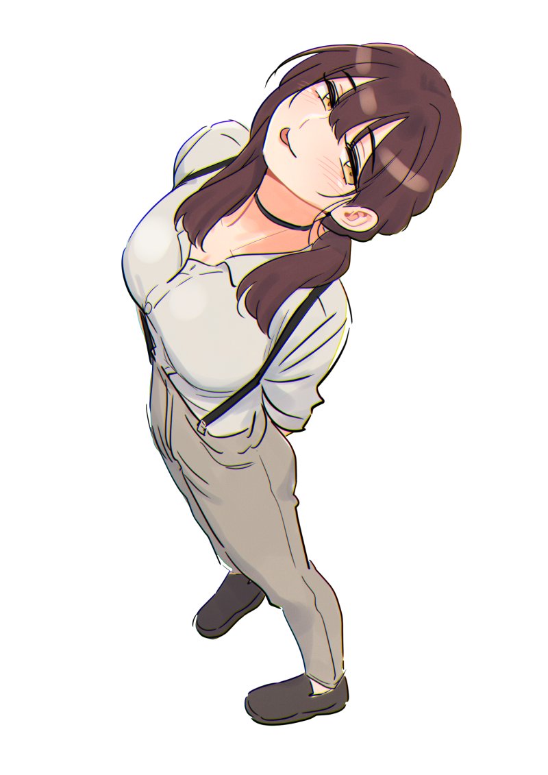 1girl, :p, arms_behind_back, black_choker, black_footwear, brown_hair, choker, collarbone