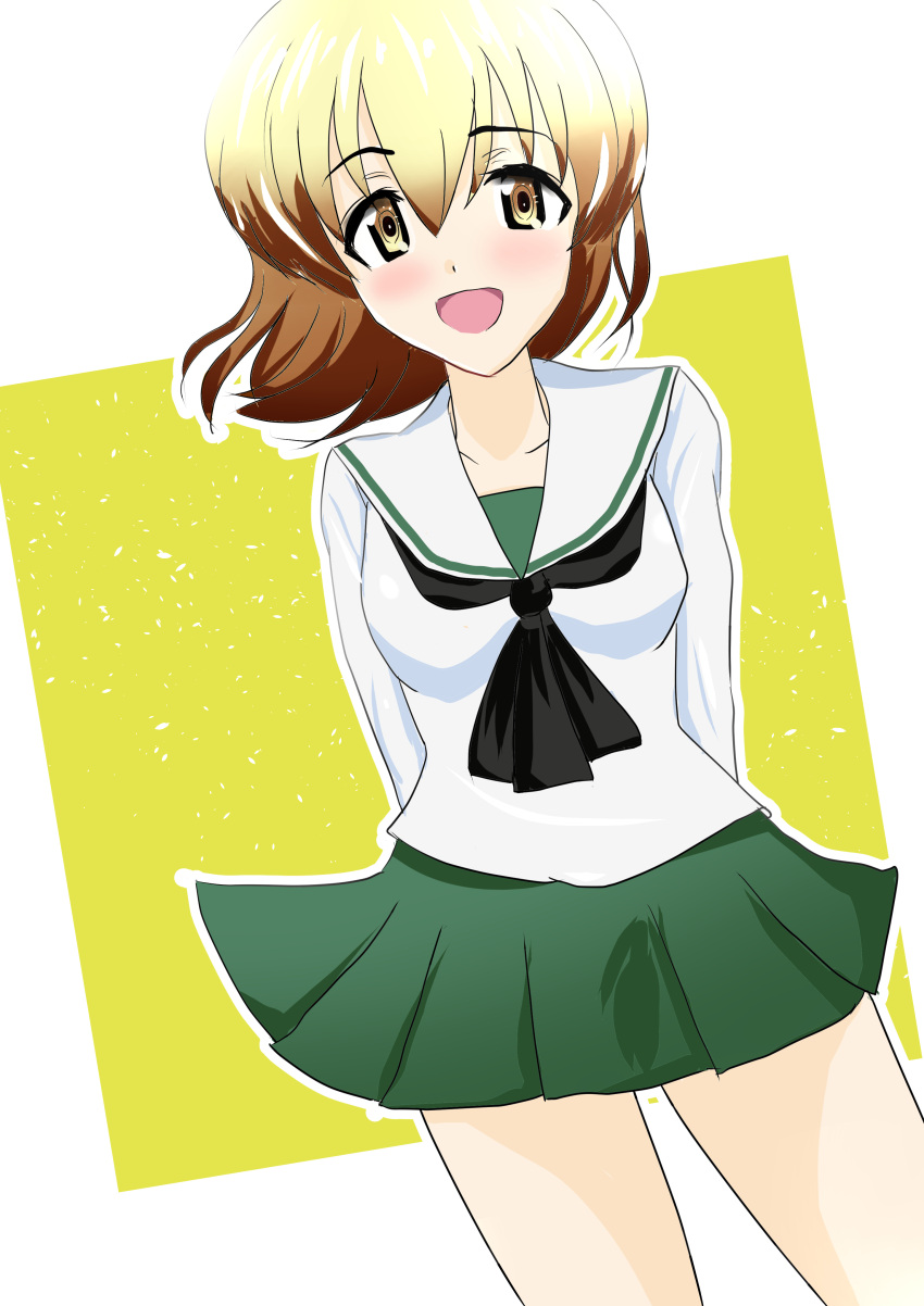 1girl, absurdres, alternate_costume, black_ribbon, black_scarf, blonde_hair, breasts, girls_und_panzer, girls_und_panzer_little_army, green_skirt, highres, long_sleeves, miniskirt, ooarai_school_uniform, ribbon, scarf, school_uniform, serafuku, shadow2020, short_hair, skirt, smile, white_serafuku, yuzumoto_hitomi