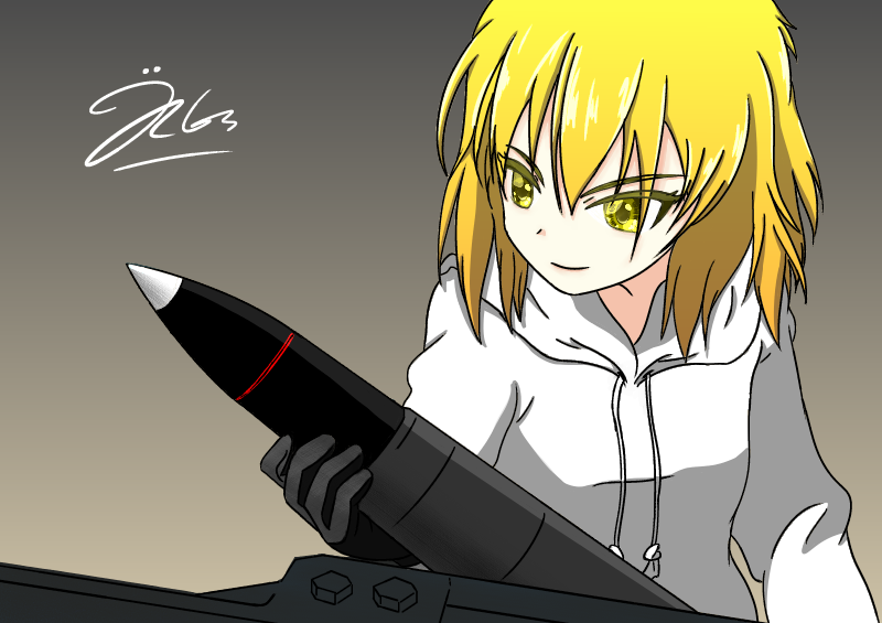 1girl, blonde_hair, girls_und_panzer, girls_und_panzer_little_army, holding_tank_shell, hood, hoodie, jagdcent_(user_arua3722), military, short_hair, signature, smile, tank_shell, white_hoodie, white_t-shirt, yellow_eyes, yuzumoto_hitomi