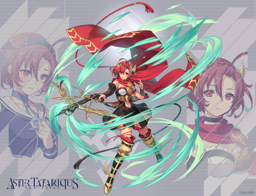 1girl, ahoge, aster_tatariqus, balmung_(phantom_of_the_kill), black_dress, black_footwear, bow_(weapon), cloak