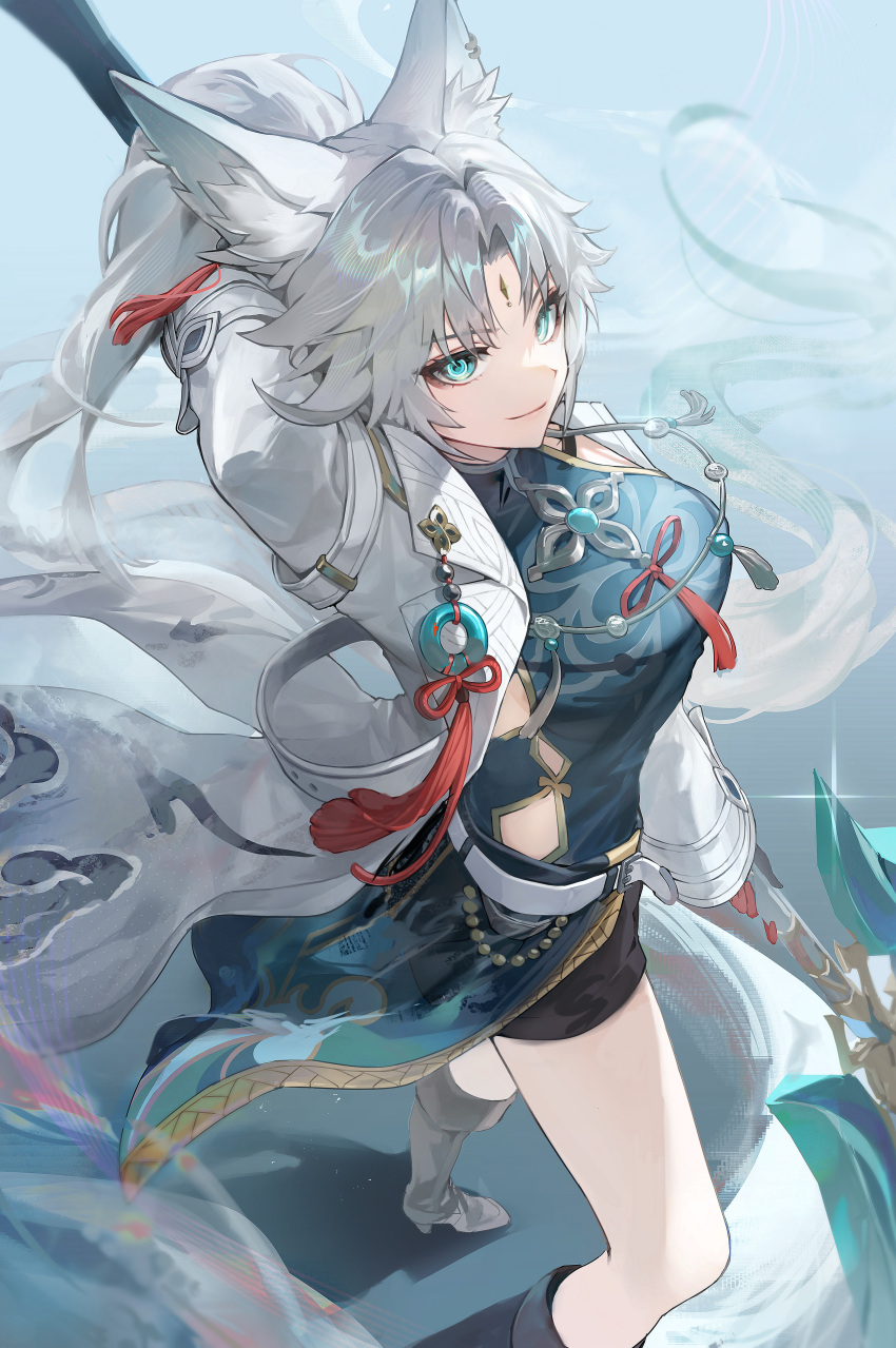 1girl, absurdres, animal_ear_fluff, animal_ears, arm_behind_head, arm_up, axe, battle_axe