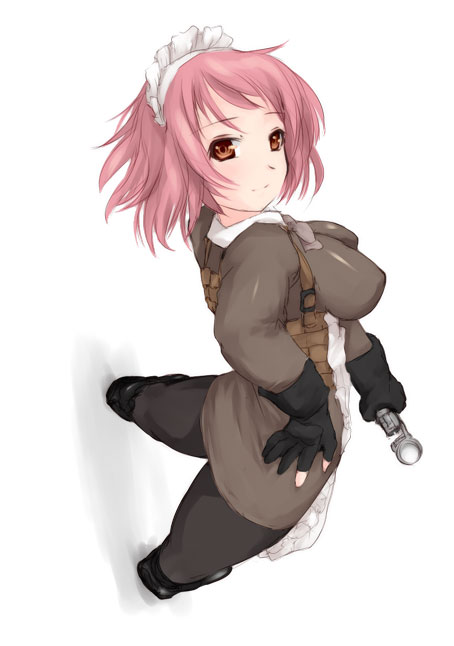 .45_acp, amt_hardballer, breasts, combat_maid, copyright_request, from_above, gloves, gun, hand_on_hip, handgun, hips, impossible_clothes, impossible_clothing, impossible_shirt, large_breasts, maid, nekohige, pantyhose, pink_hair, pose, shirt, short_hair, weapon
