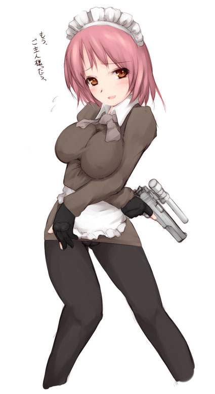 .45_acp, amt_hardballer, breast_hold, breasts, brown_eyes, colt_m1911, combat_maid, copyright_request