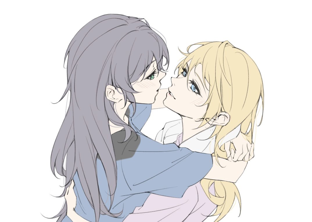 2girls, arms_around_neck, ayase_eli, blonde_hair, blue_eyes, blue_shirt, blush, commentary, green_eyes, k.jhitsugi, love_live!, love_live!_school_idol_project, multiple_girls, parted_lips, pink_shirt, purple_hair, shirt, simple_background, smile, tojo_nozomi, towel, towel_around_neck, upper_body, white_background, yuri
