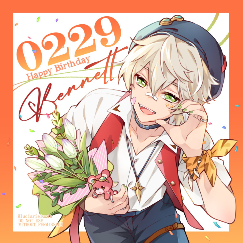 1boy, :d, arm_scarf, artist_name, bandaid, bandaid_on_face, bandaid_on_nose, bennett_(genshin_impact)