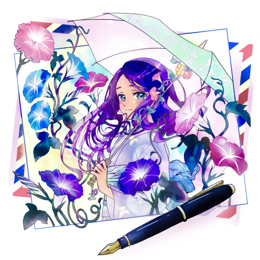 1girl, blue_eyes, blue_sash, closed_mouth, envelope, flower, highres, holding