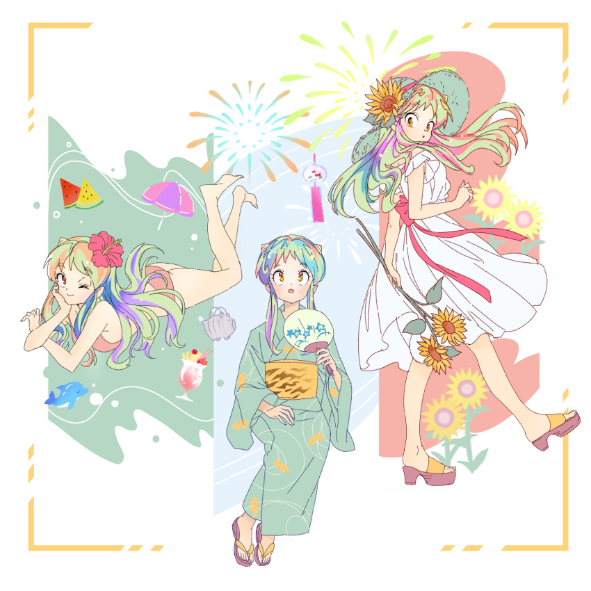 1girl, animal_print, arm_support, bikini, cone_horns, dress, eyelashes, fireworks, floating_hair, flower, full_body, green_kimono, hair_flower, hair_ornament, hand_fan, hat, hat_flower, hibiscus, highres, holding, holding_fan, holding_flower, horns, japanese_clothes, kimono, long_hair, looking_at_viewer, lum, lying, multiple_views, on_stomach, one_eye_closed, orange_bikini, orange_eyes, print_sash, sandals, sash, shirayujk, sidelocks, straw_hat, sundress, sunflower, swimsuit, the_pose, tiger_print, urusei_yatsura, white_dress