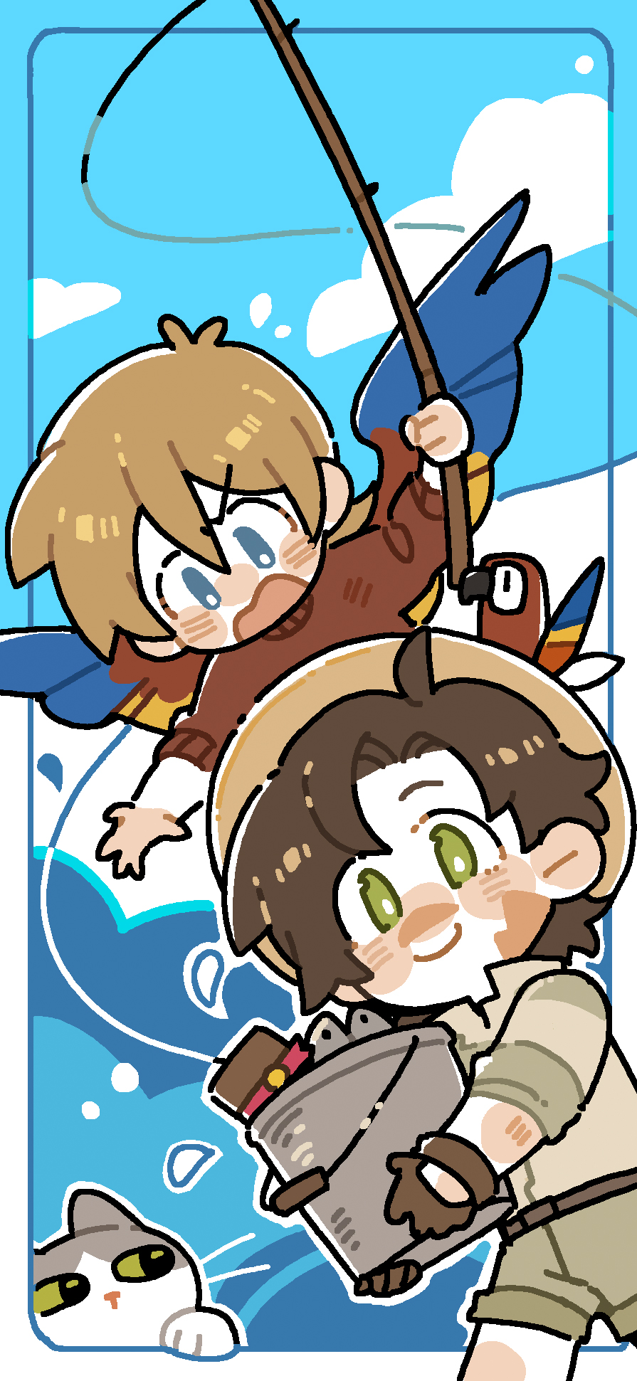 2boys, ahoge, animal, bird, bird_boy, bird_wings, blue_eyes, blush, book, border, brown_hair, bucket, cat, chibi, chibi_only, commentary, fishing_rod, goodtimeswithscar, green_eyes, grian_(youtuber), hat, hermitcraft, highres, holding, holding_bucket, jellie_(hermitcraft), light_brown_hair, luminous_slime, male_focus, minecraft, minecraft_youtube, multiple_boys, open_mouth, outside_border, parrot, parrot_(minecraft), red_sweater, scar, short_hair, sweater, symbol-only_commentary, turtleneck, turtleneck_sweater, walking, white_border, wings