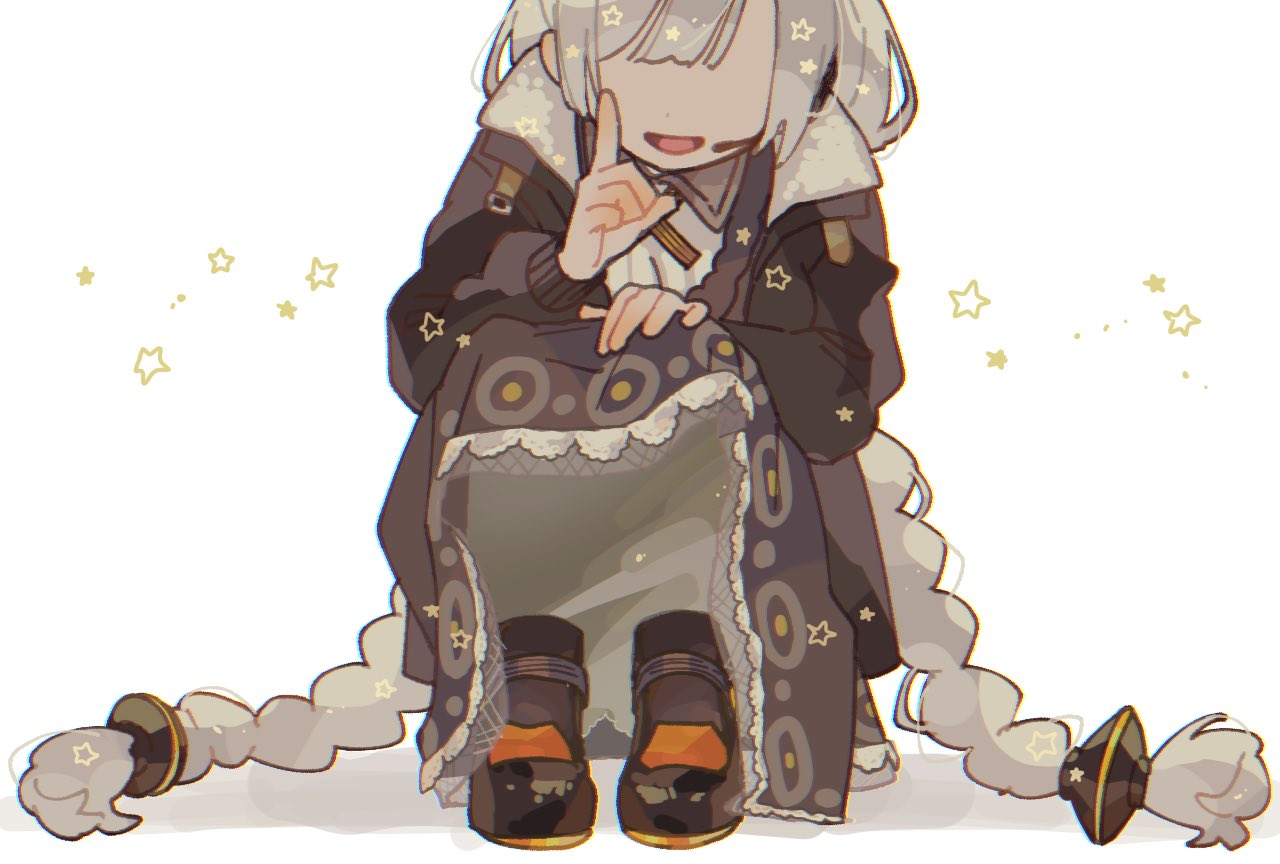 1girl, black_dress, black_jacket, braid, collared_shirt, commentary_request, cross_tie, dress, faceless, faceless_female, facing_viewer, fukomo, grey_hair, hand_on_own_knee, hand_up, headset, index_finger_raised, invisible_limb, jacket, kizuna_akari, kneeling, long_dress, long_hair, long_sleeves, low_twin_braids, open_clothes, open_jacket, open_mouth, shirt, simple_background, smile, solo, squatting, star_(symbol), twin_braids, very_long_hair, vocaloid, voiceroid, white_background, white_shirt