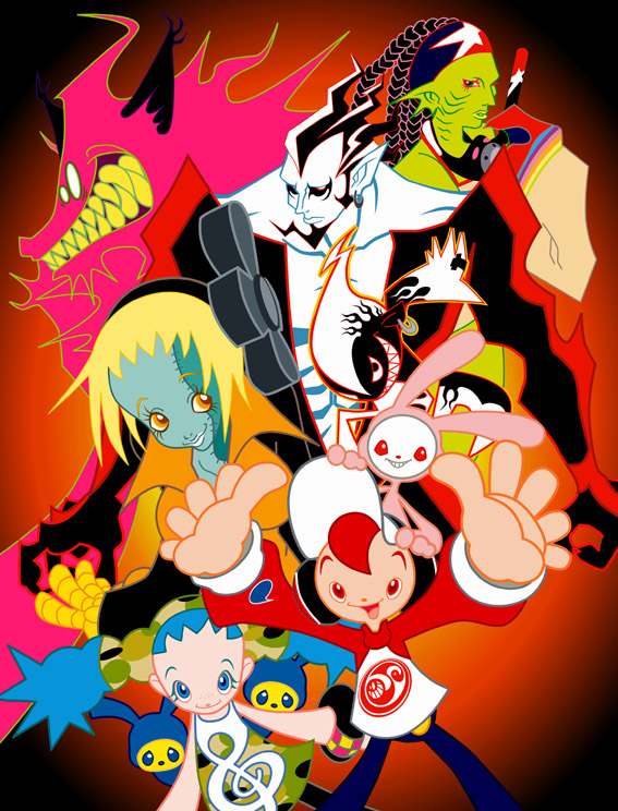 2000s_(style), 2others, 4boys, 4girls, abs, amp_(cool_cool_toon), aqua_eyes, aqua_hair