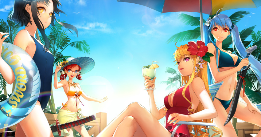 4girls, beach_umbrella, bikini, black_hair, blonde_hair, blue_eyes, blue_hair, breasts