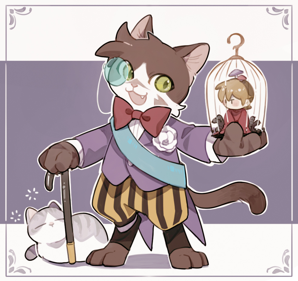 2boys, animal, animal_ears, animal_feet, animal_hands, animal_nose, aqua-tinted_eyewear, birdcage