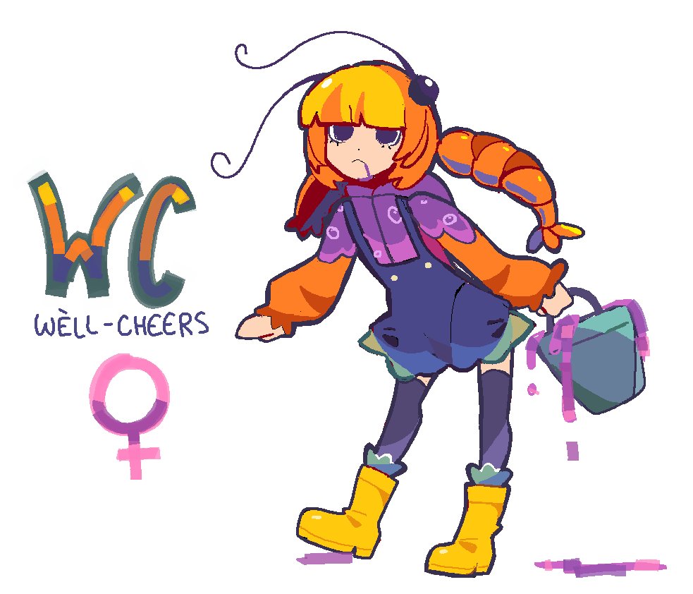 1girl, :<, antennae, black_eyes, blue_overalls, blue_thighhighs, boots, bucket
