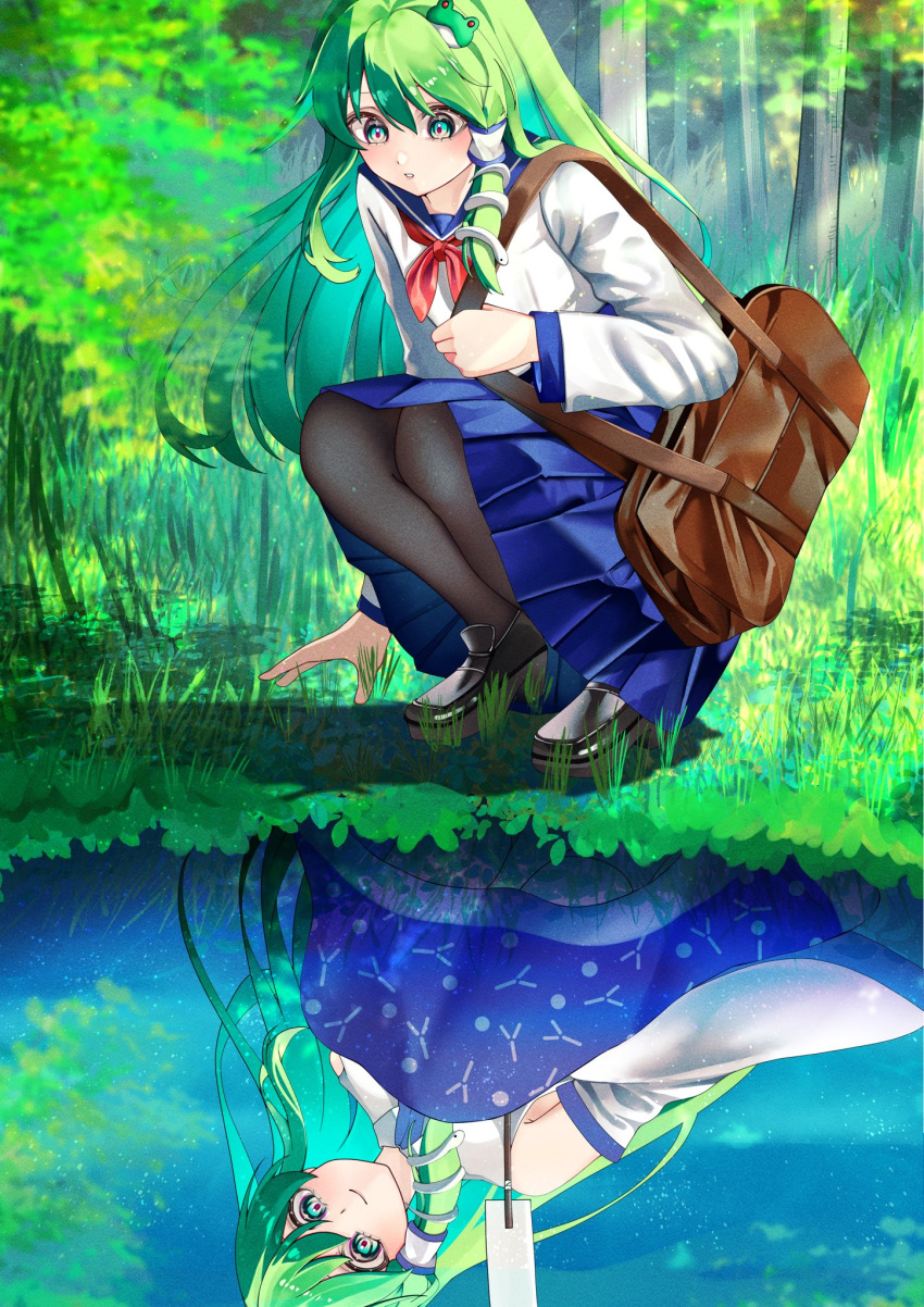 1girl, 22_zefar, bag, bare_shoulders, black_footwear, black_pantyhose, blue_sailor_collar, blue_skirt