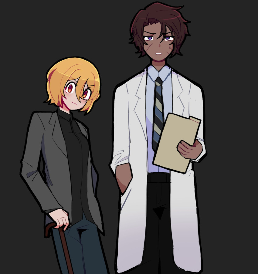 1boy, 1girl, black_background, black_pants, black_shirt, blonde_hair, blue_pants, blue_shirt