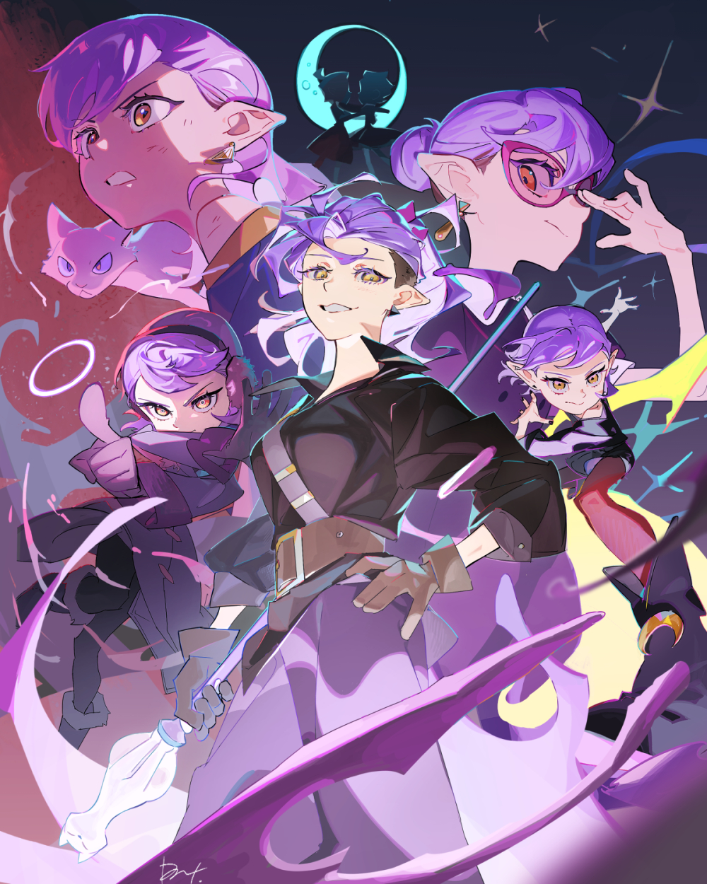 amity_blight, cat, ghost_(the_owl_house), hairband, highres, holding, holding_staff, looking_at_viewer
