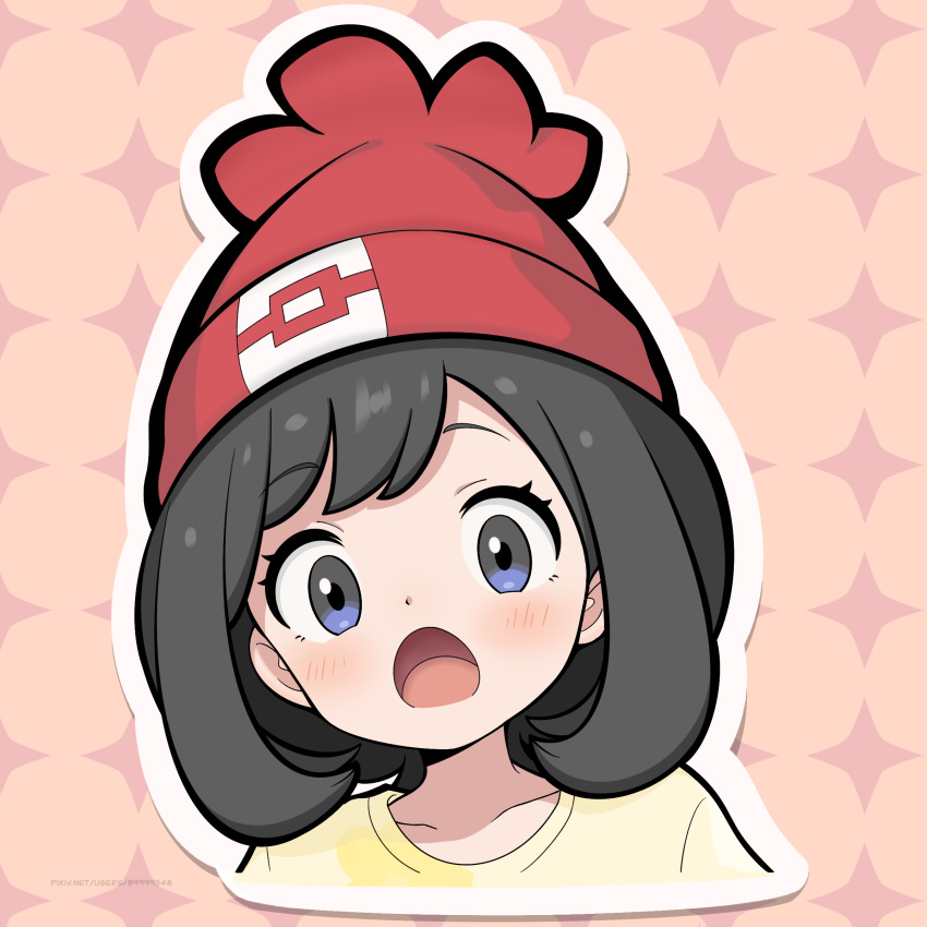 1girl, absurdres, ami_art, beanie, black_hair, blush, collarbone, commentary
