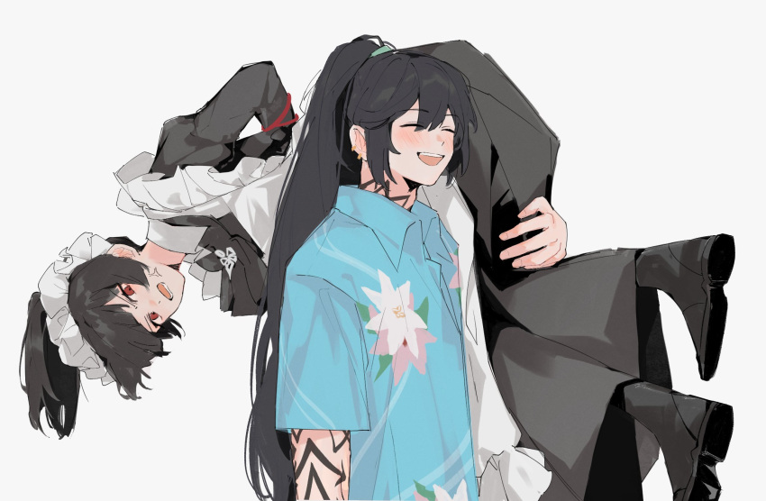 1boy, 1girl, anger_vein, apron, arm_tattoo, ascot, black_ascot, black_dress