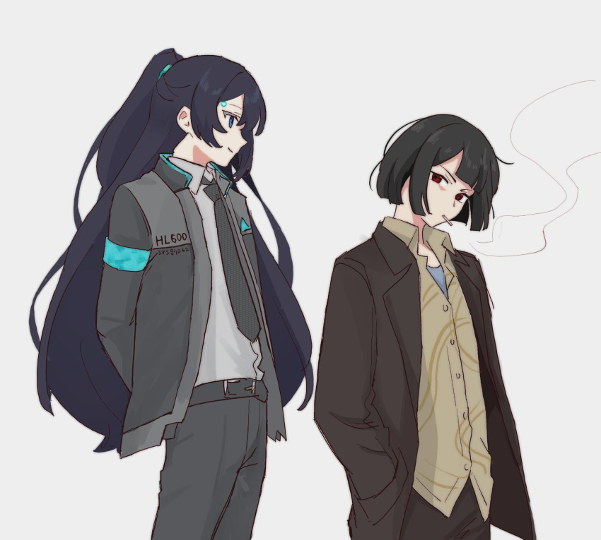 1boy, 1girl, black_hair, black_jacket, black_necktie, black_pants, bob_cut, brown_pants, cigarette, connor_(detroit), connor_(detroit)_(cosplay), cosplay, cowboy_shot, detroit:_become_human, half_updo, hank_anderson, hank_anderson_(cosplay), highres, hong_lu_(project_moon), jacket, lapels, limbus_company, long_hair, necktie, notched_lapels, pants, past_desiderium, project_moon, red_eyes, ryoshu_(project_moon), short_hair, simple_background, smoke, smoking, very_long_hair, white_background