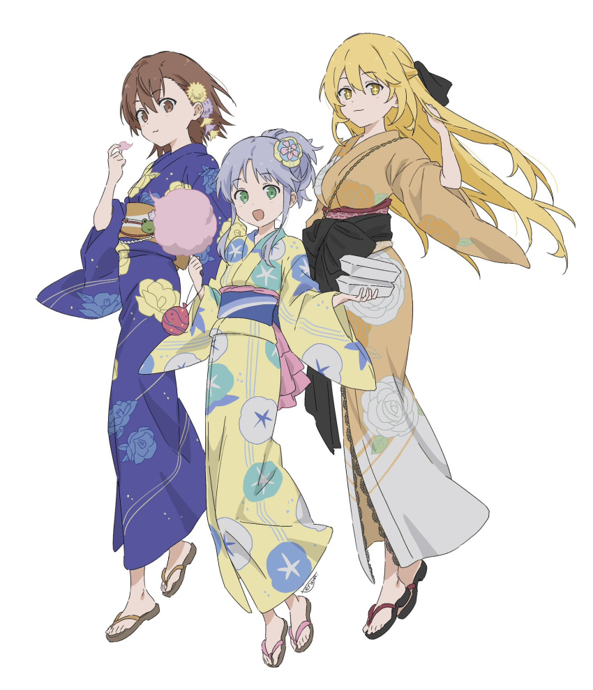3girls, black_footwear, blonde_hair, blue_hair, blue_kimono, brown_eyes, brown_footwear, brown_hair