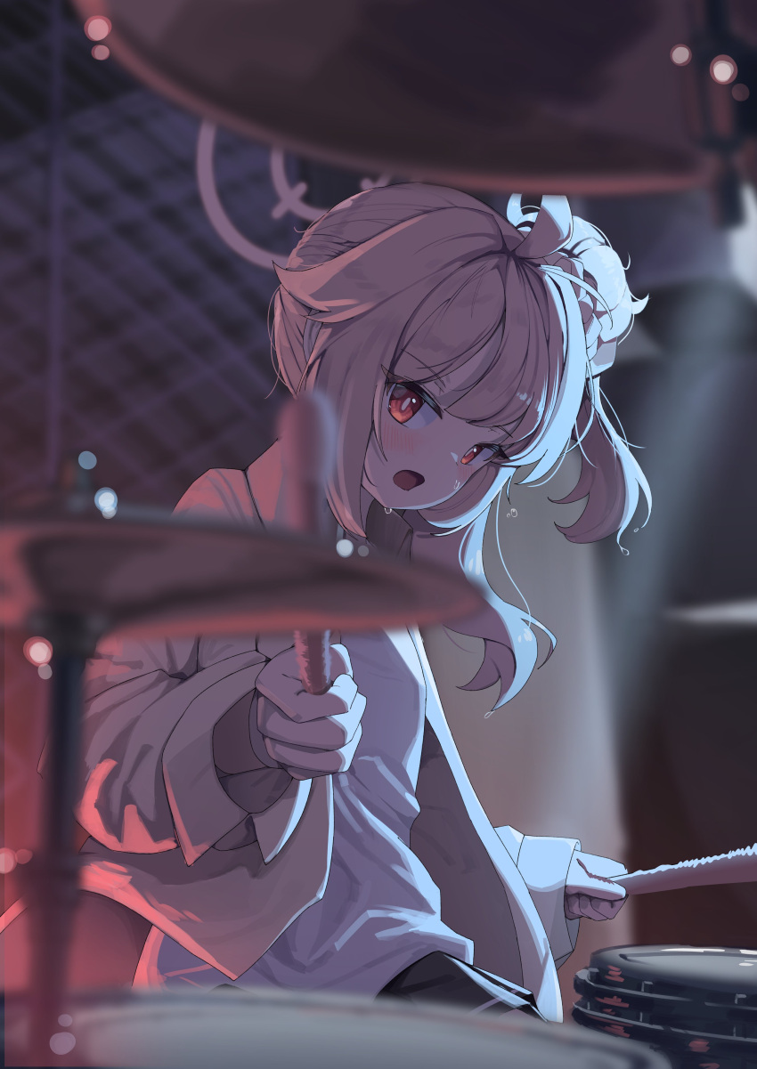 1girl, absurdres, ahoge, black_shorts, blue_archive, blurry, blurry_background, clenched_hands