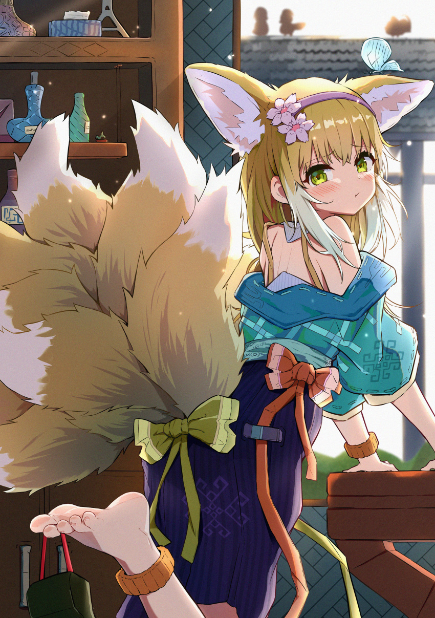 1girl, absurdres, animal_ears, arknights, barefoot, bug, butterfly, flower