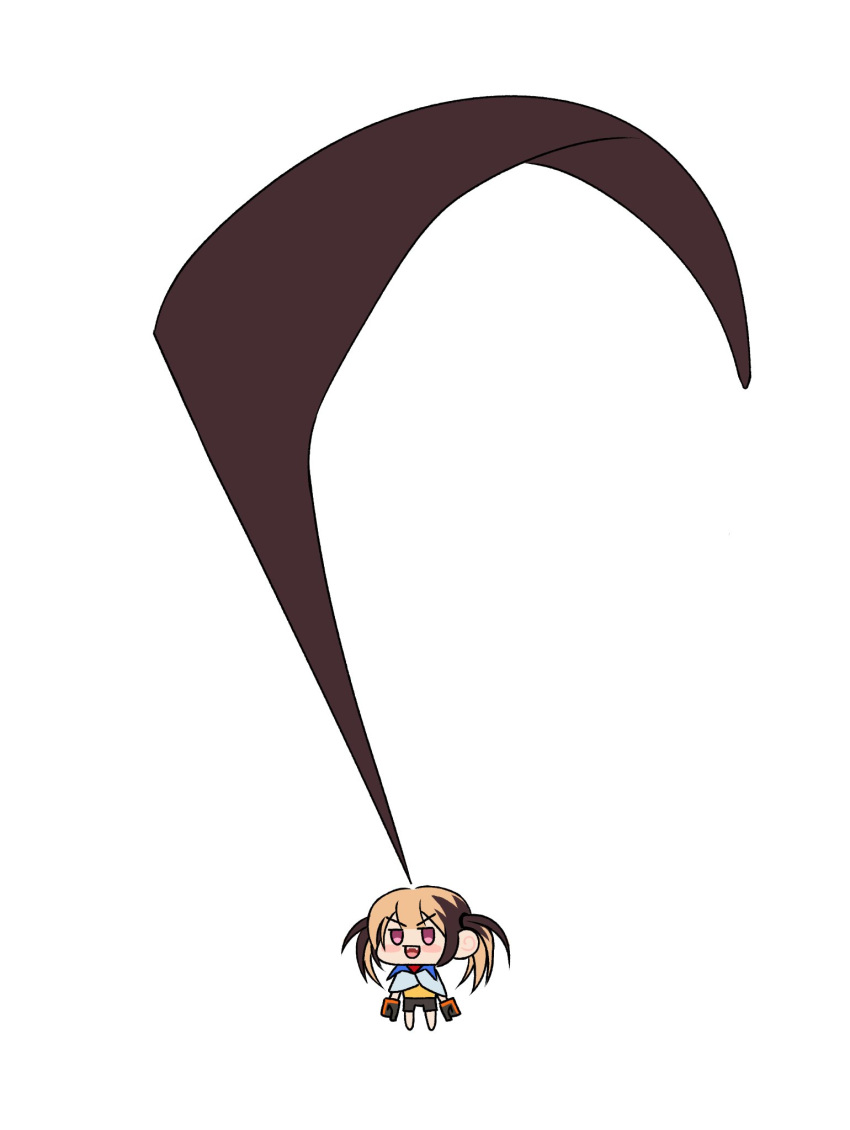 1girl, :d, ahoge, black_shorts, blush_stickers, brown_hair, cape, chibi, collared_cape, commentary, english_commentary, enigmatic_recollection, fangs, full_body, gigi_murin, ginotty, highres, hololive, hololive_english, huge_ahoge, mechanical_hands, multicolored_hair, pink_eyes, shorts, simple_background, smile, solo, standing, twintails, two-tone_hair, white_background, white_cape