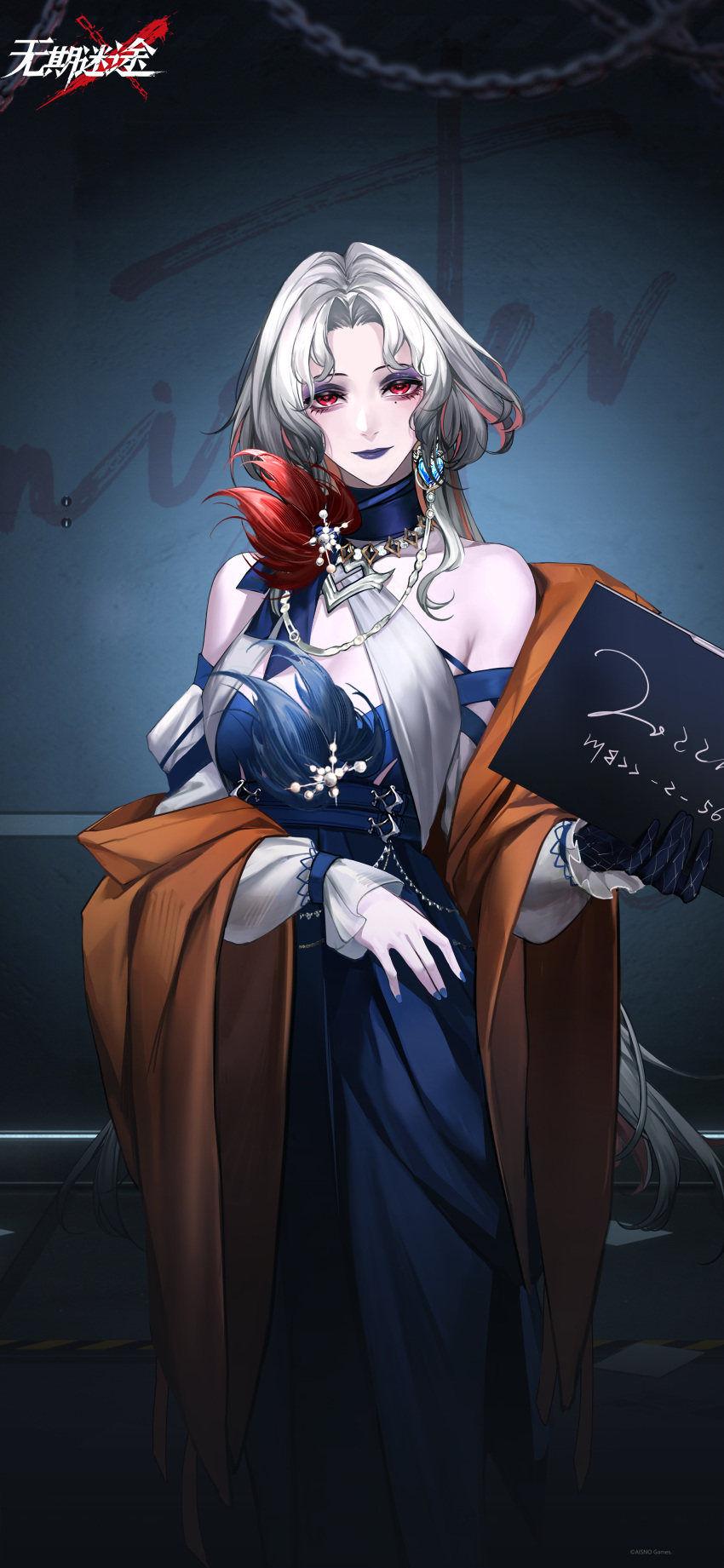 1girl, absurdres, against_wall, bare_shoulders, black_gloves, blue_dress, blue_eyeshadow, blue_lips, blue_nails, cassia_(path_to_nowhere), chain, character_name, closed_mouth, copyright_name, cowboy_shot, dress, earrings, eyeshadow, gloves, hands_up, highres, holding, holding_sign, indoors, jacket, jewelry, logo, long_dress, long_hair, looking_at_viewer, makeup, mole, mole_under_eye, mugshot, necklace, off-shoulder_dress, off_shoulder, official_art, official_wallpaper, orange_jacket, parted_bangs, path_to_nowhere, prison_clothes, red_eyes, sign, single_earring, single_glove, smile, solo, straight-on, white_hair