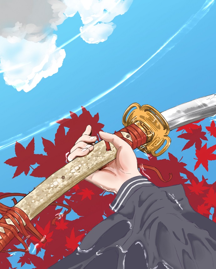 autumn_leaves, black_sleeves, blue_sky, clouds, damaged, holding, holding_sword, holding_weapon